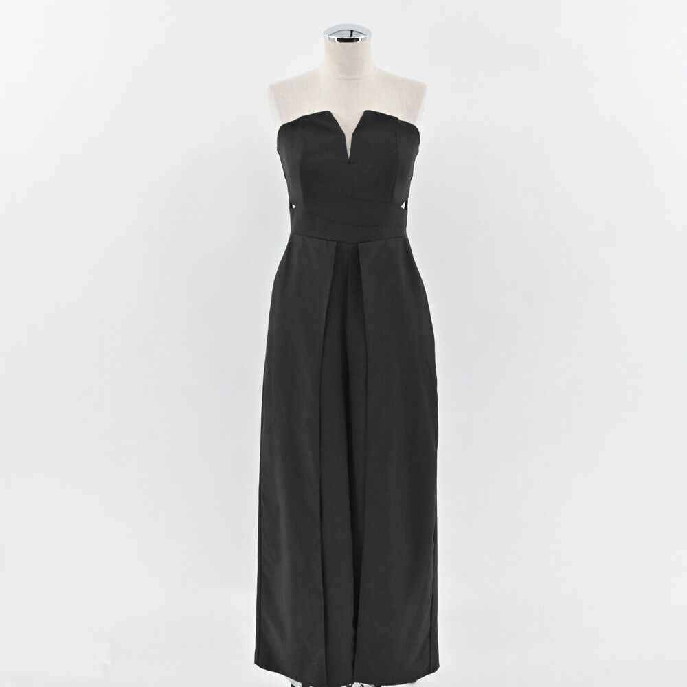LULUS Jumpsuit Womens Sz S Black Dream It Strapless V Neck Cutout Split Wide Leg